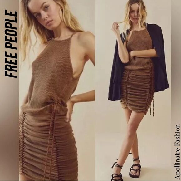 FREE PEOPLE KATYA THERMAL MINI DRESS BODYCON IN CHOCOLATE BROWN LARGE NWT - Picture 1 of 8
